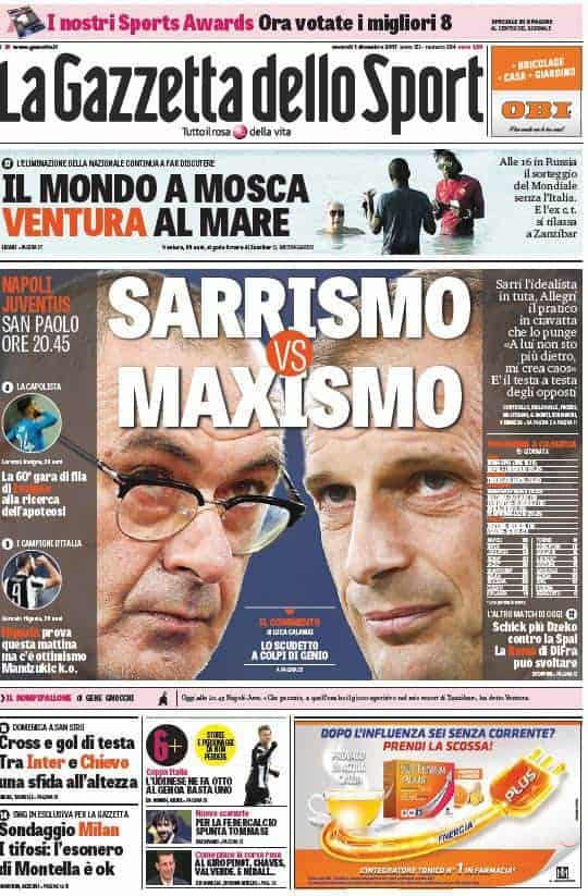 Prima pagina Gazzetta dello Sport 1&deg; dicembre 2017