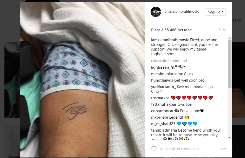 Ibrahimovic su Instagram: "Aggiustato e pi&ugrave; forte. Torno presto"
