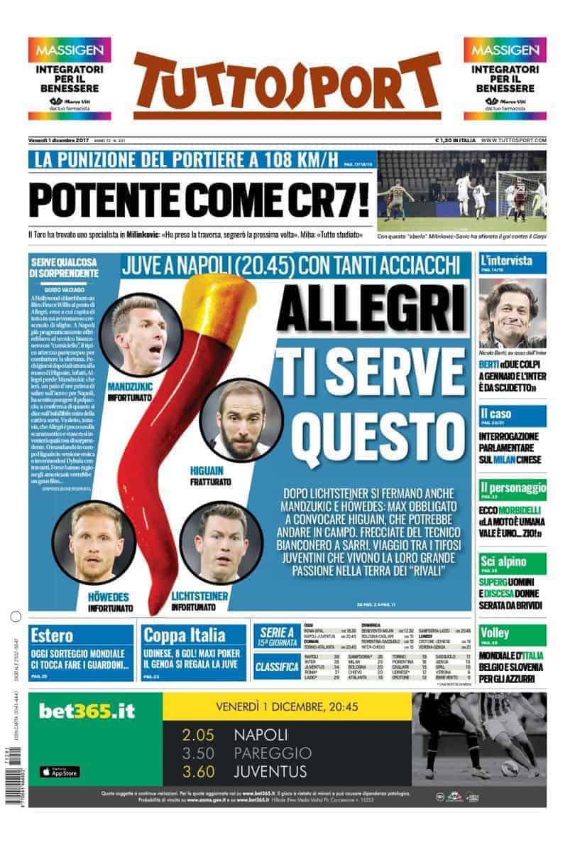 Prima pagina Tuttosport 1&deg; dicembre 2017