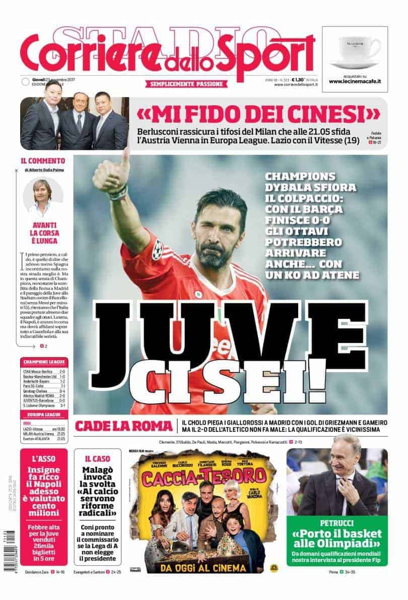 Prima pagina Corriere dello Sport 23 novembre 2017