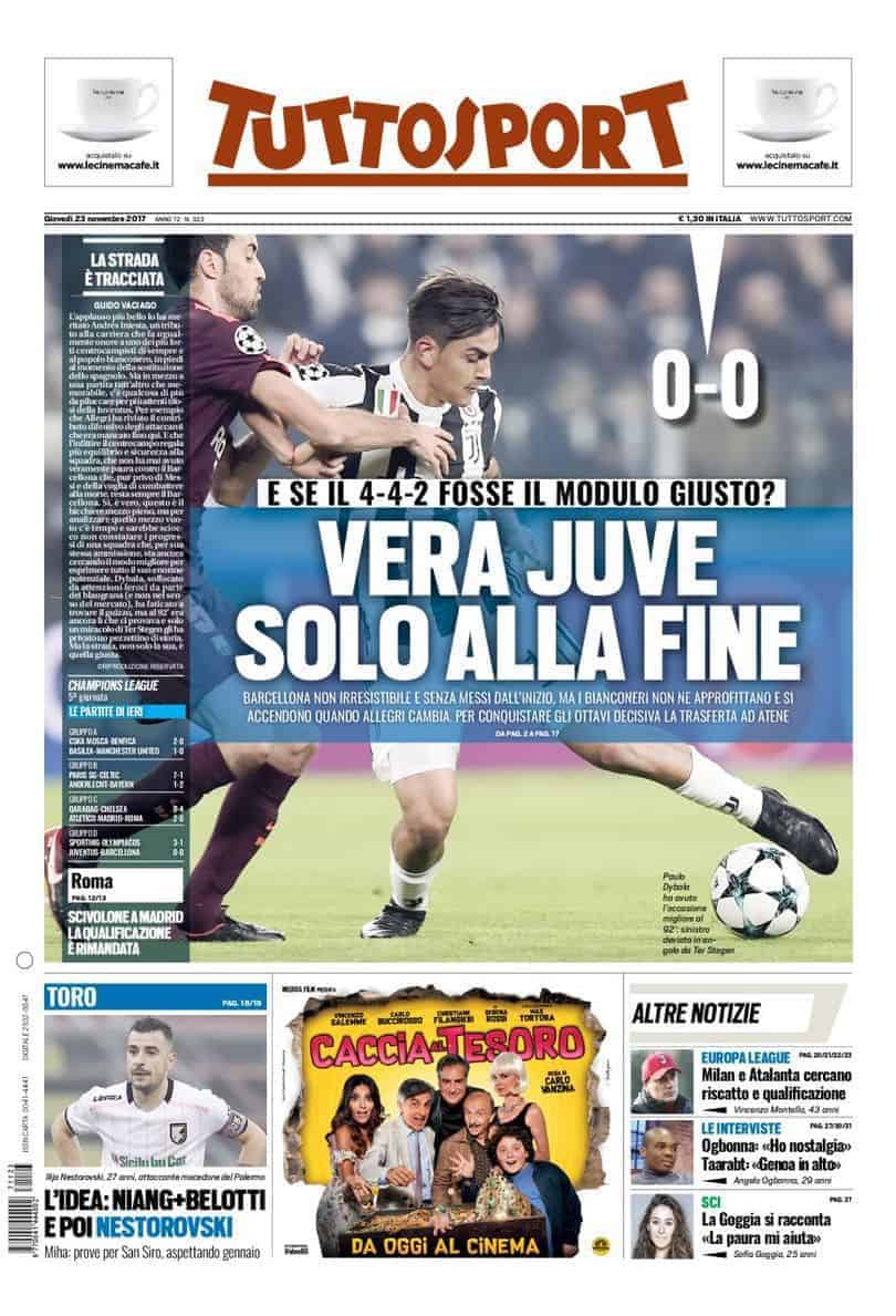Prima pagina Tuttosport 23 novembre 2017