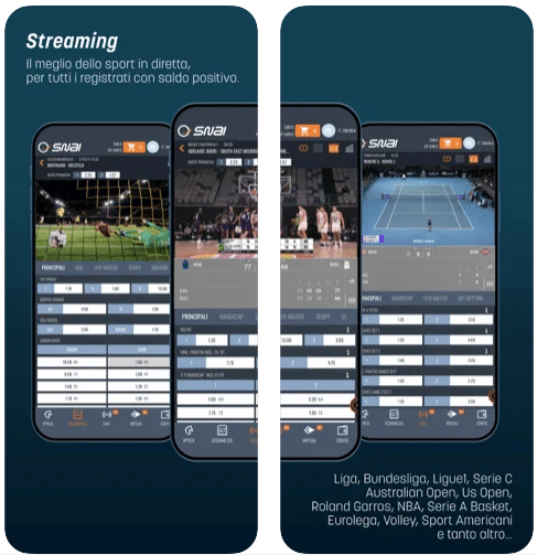 Schermata dell app Snai con streaming live