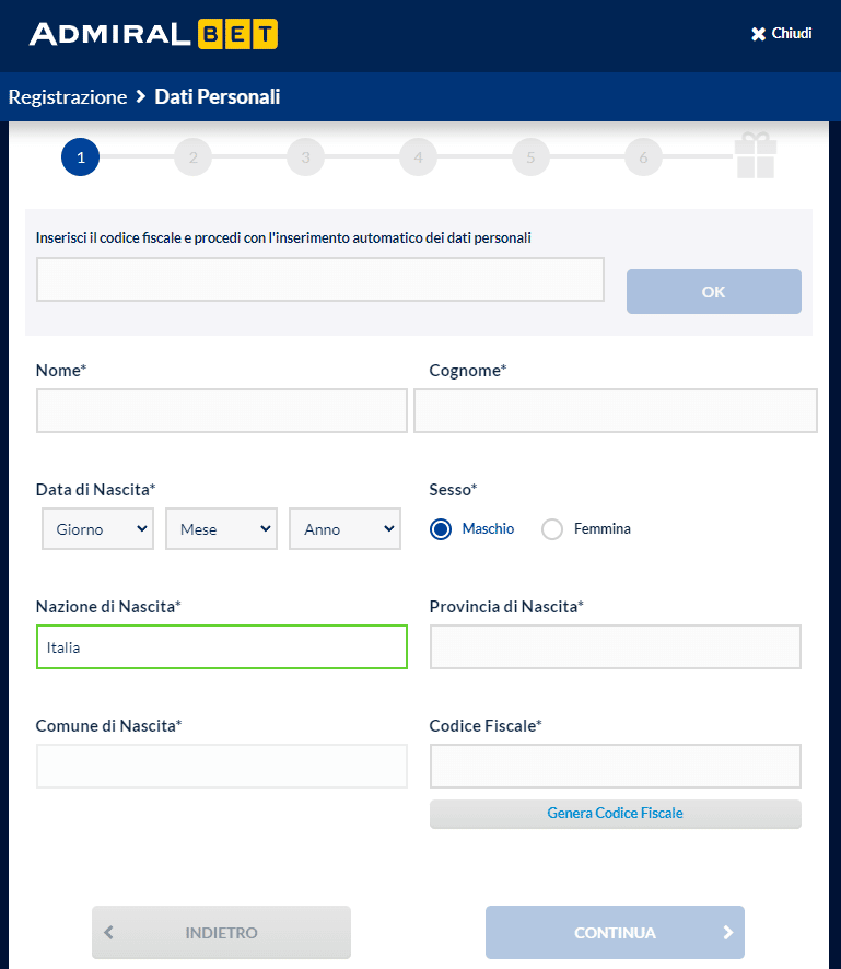 Modulo di registrazione Admiralbet