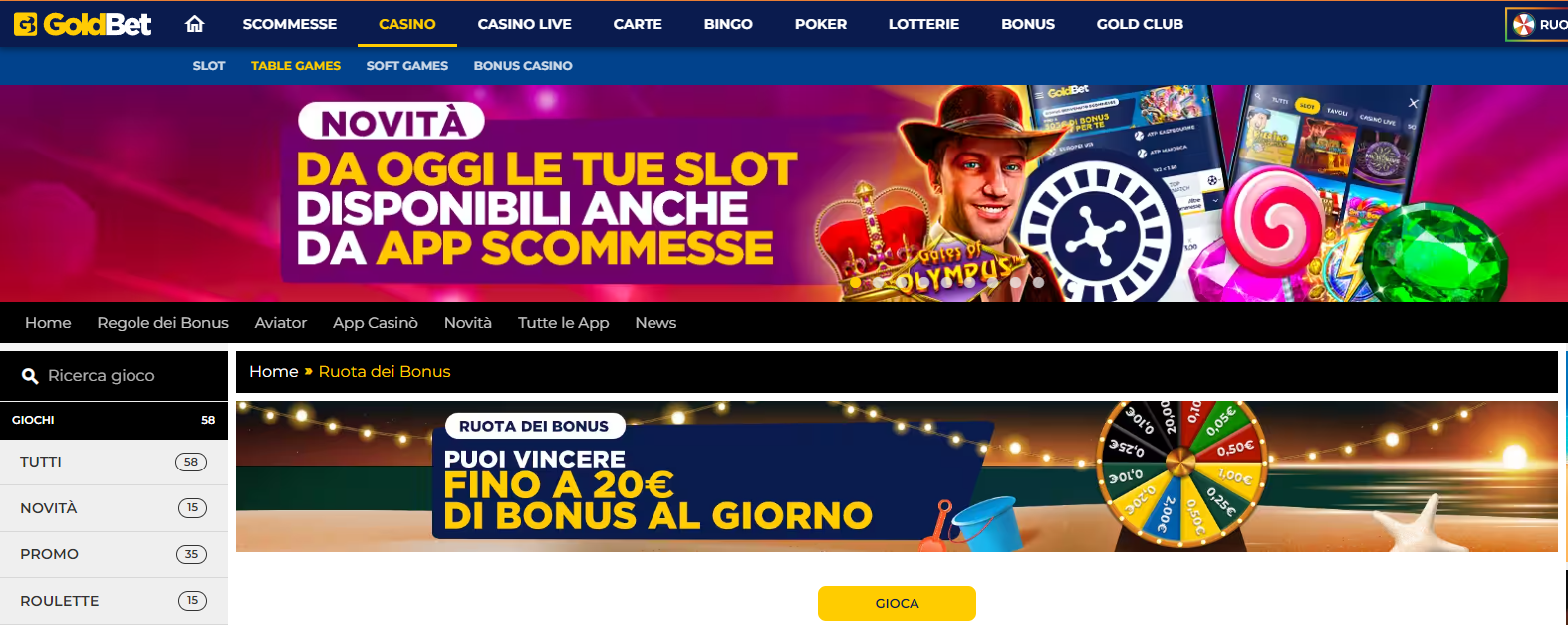 Schermata dell interfaccia di GoldBet Casinò